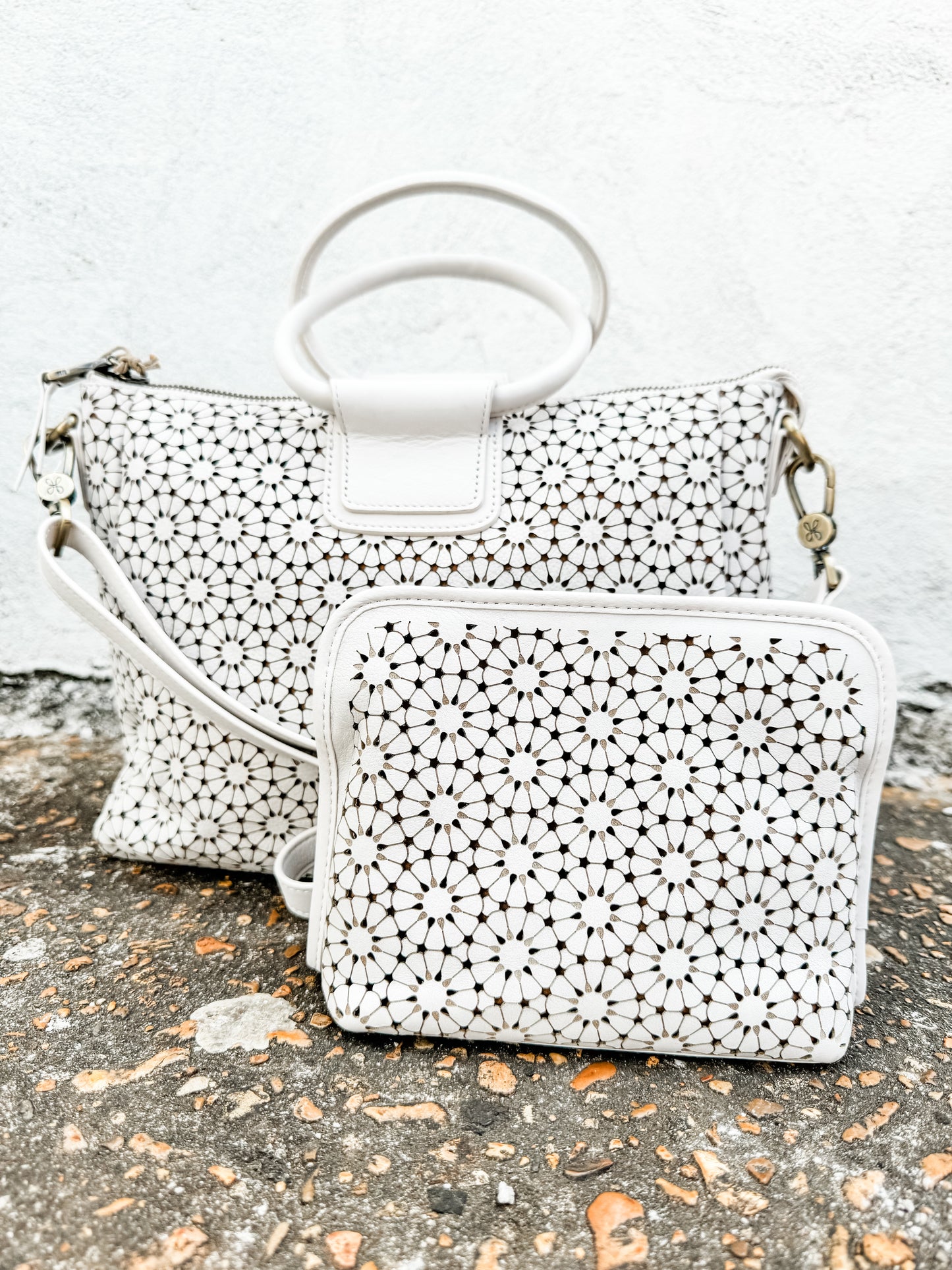 Sheila Medium Satchel in Ecru Daisy Perf