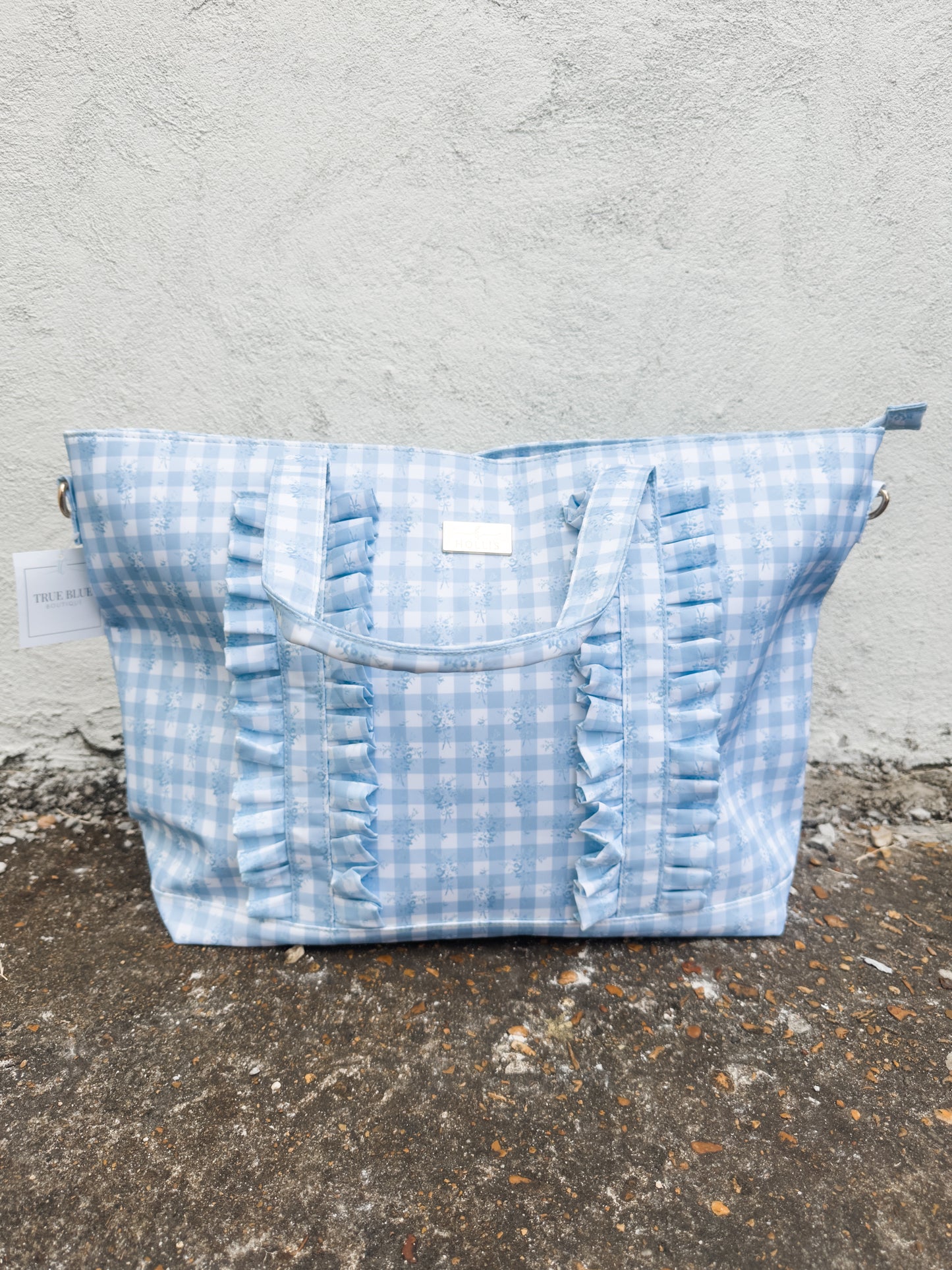 Ruffled Nylon Tote Bag Blue Floral