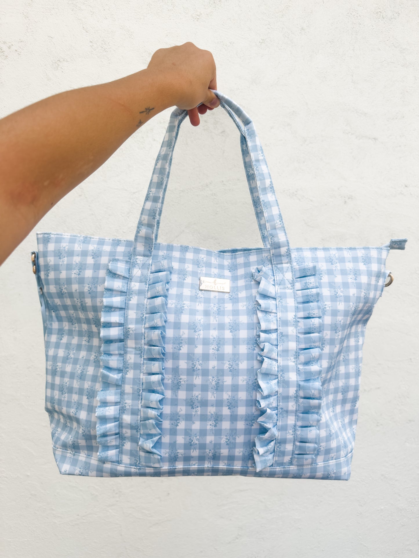 Ruffled Nylon Tote Bag Blue Floral