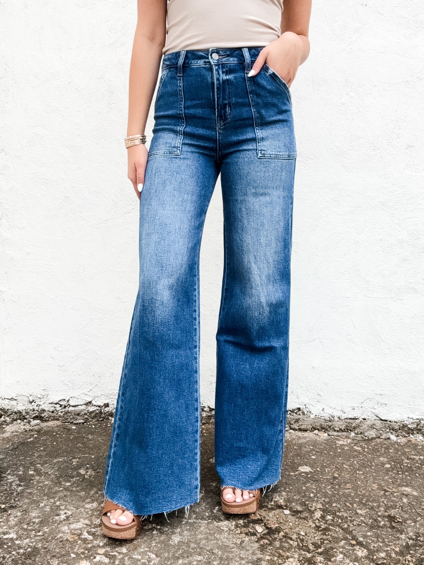 Utility Patch Pocket Wide Leg Denim Jeans Indigo