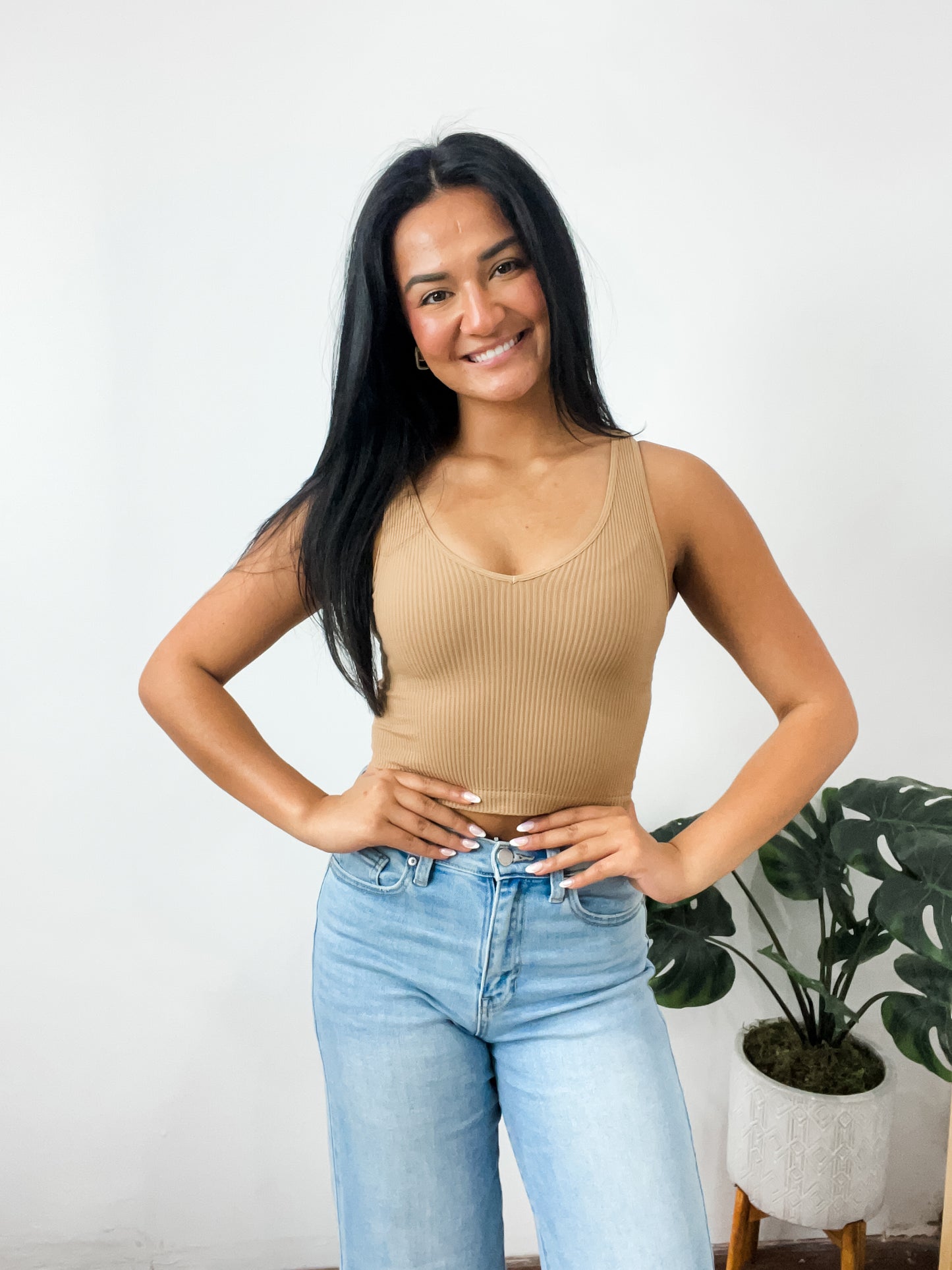 Vallory V Neck Ribbed Crop Sand Beige