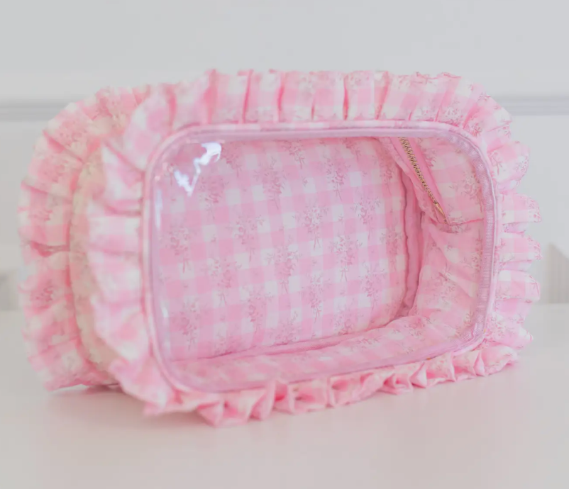 Ruffled Nylon Large Clear Pouch Pink