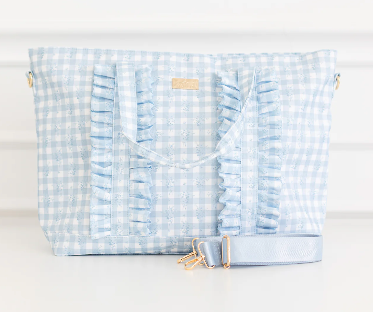 Ruffled Nylon Tote Bag Blue Floral
