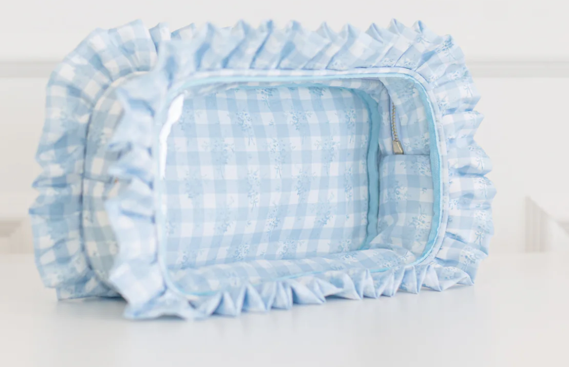 Ruffled Nylon Large Clear Pouch Blue