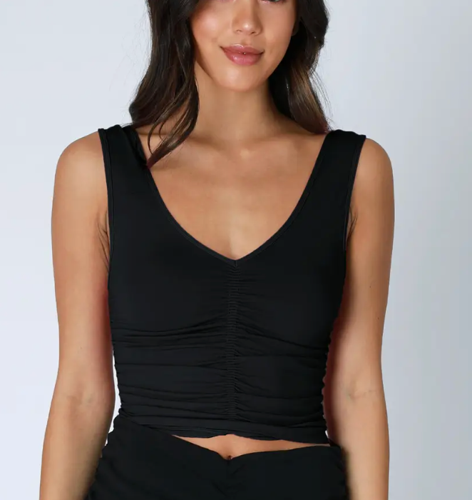 V Neck Shirred Top Black