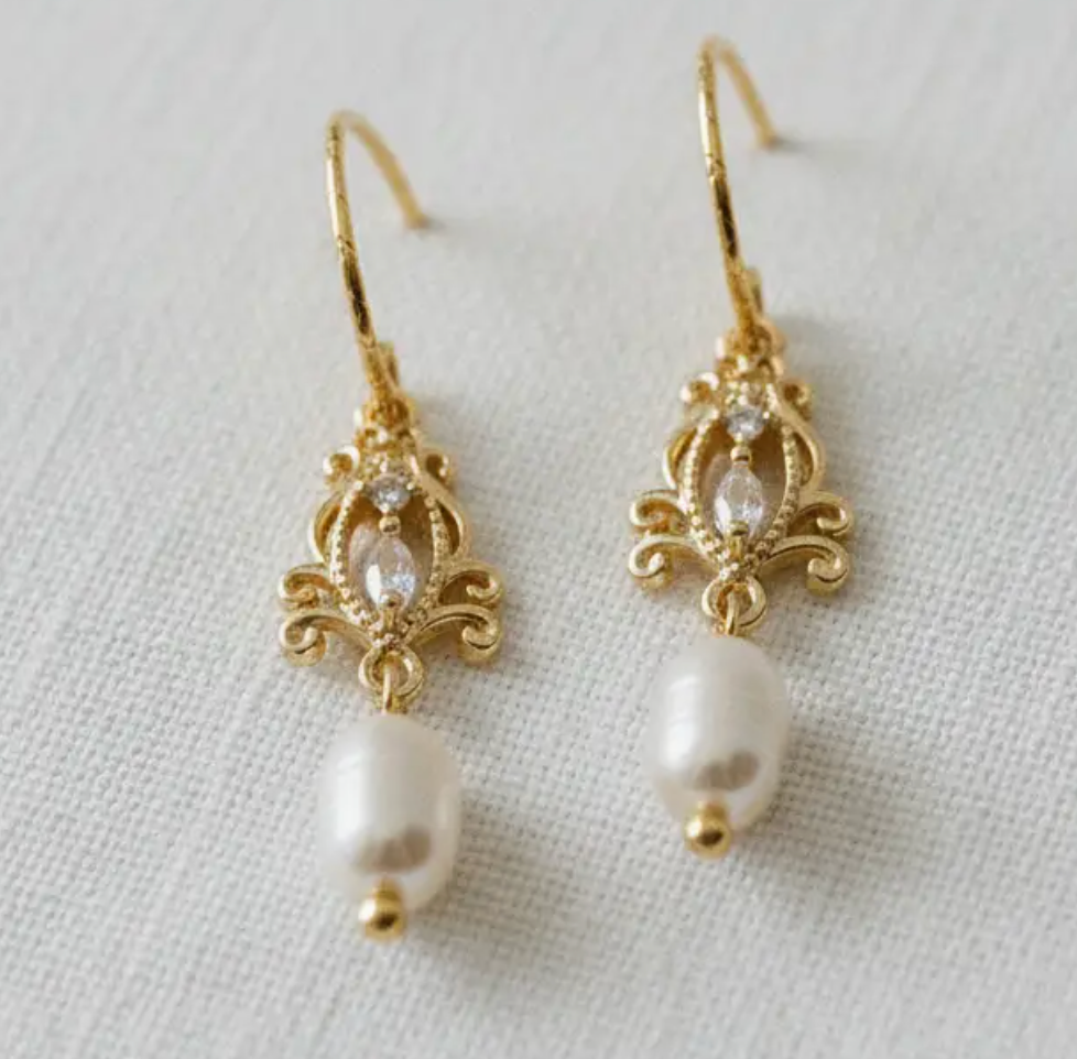Filigree Zircon and Pearl Earrings