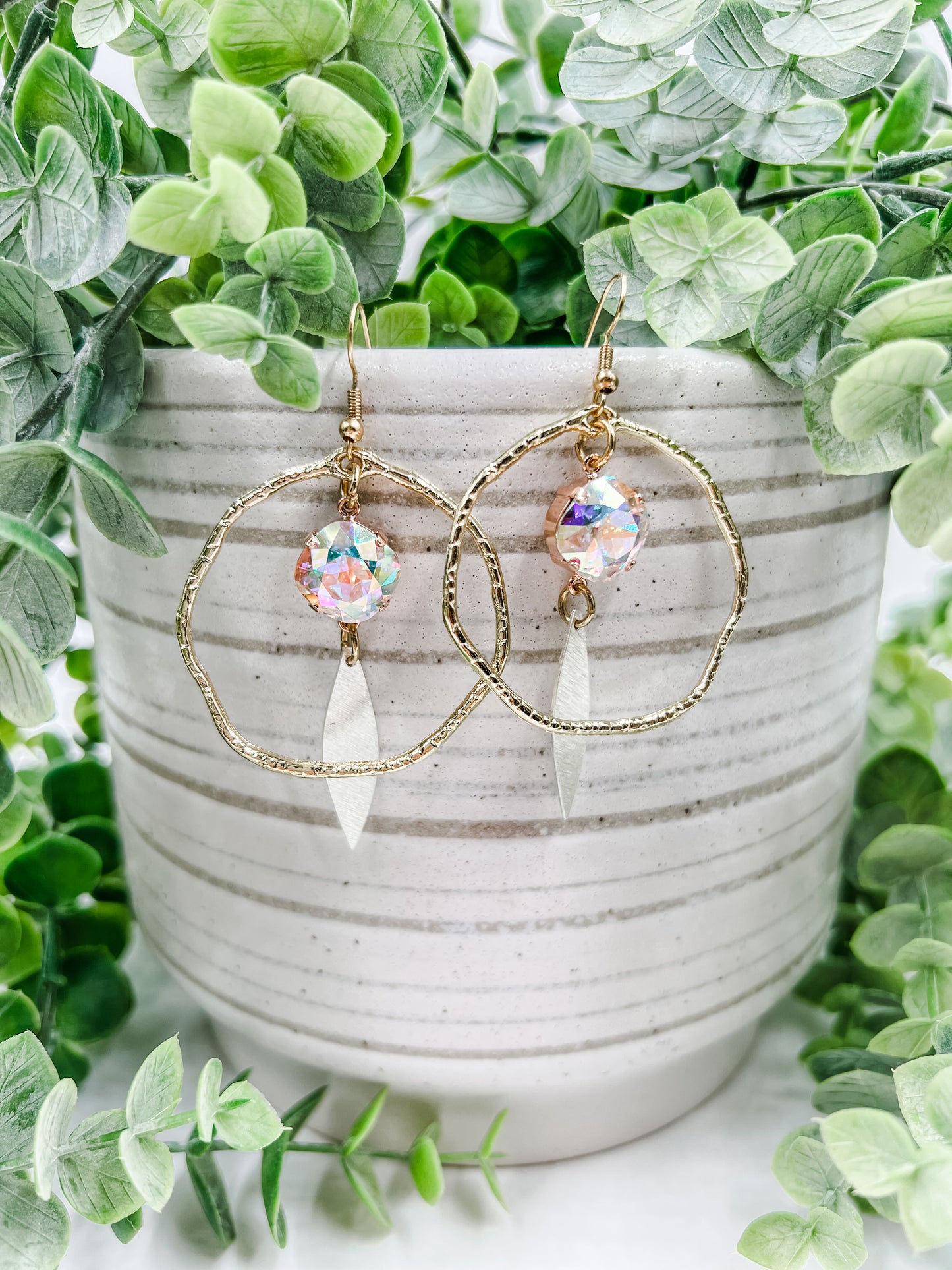 Hammered Hoop Stone Earrings