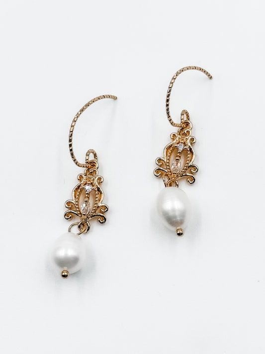 Filigree Zircon and Pearl Earrings