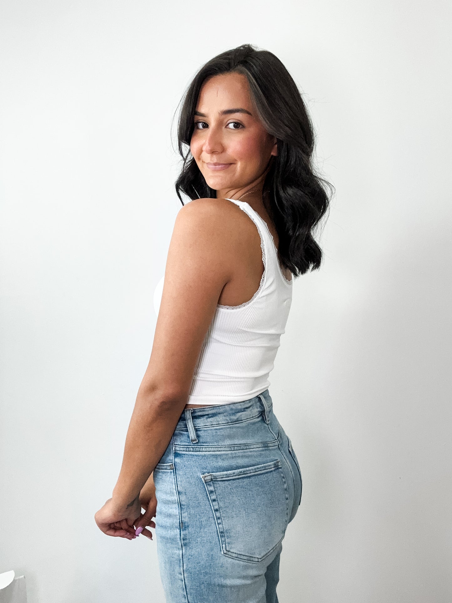 Lace Scoop Neck Tank Top White
