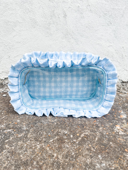 Ruffled Nylon Large Clear Pouch Blue
