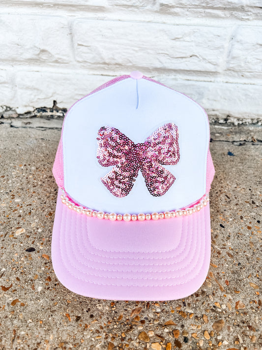 Pink Sequin Bow Trucker Hat