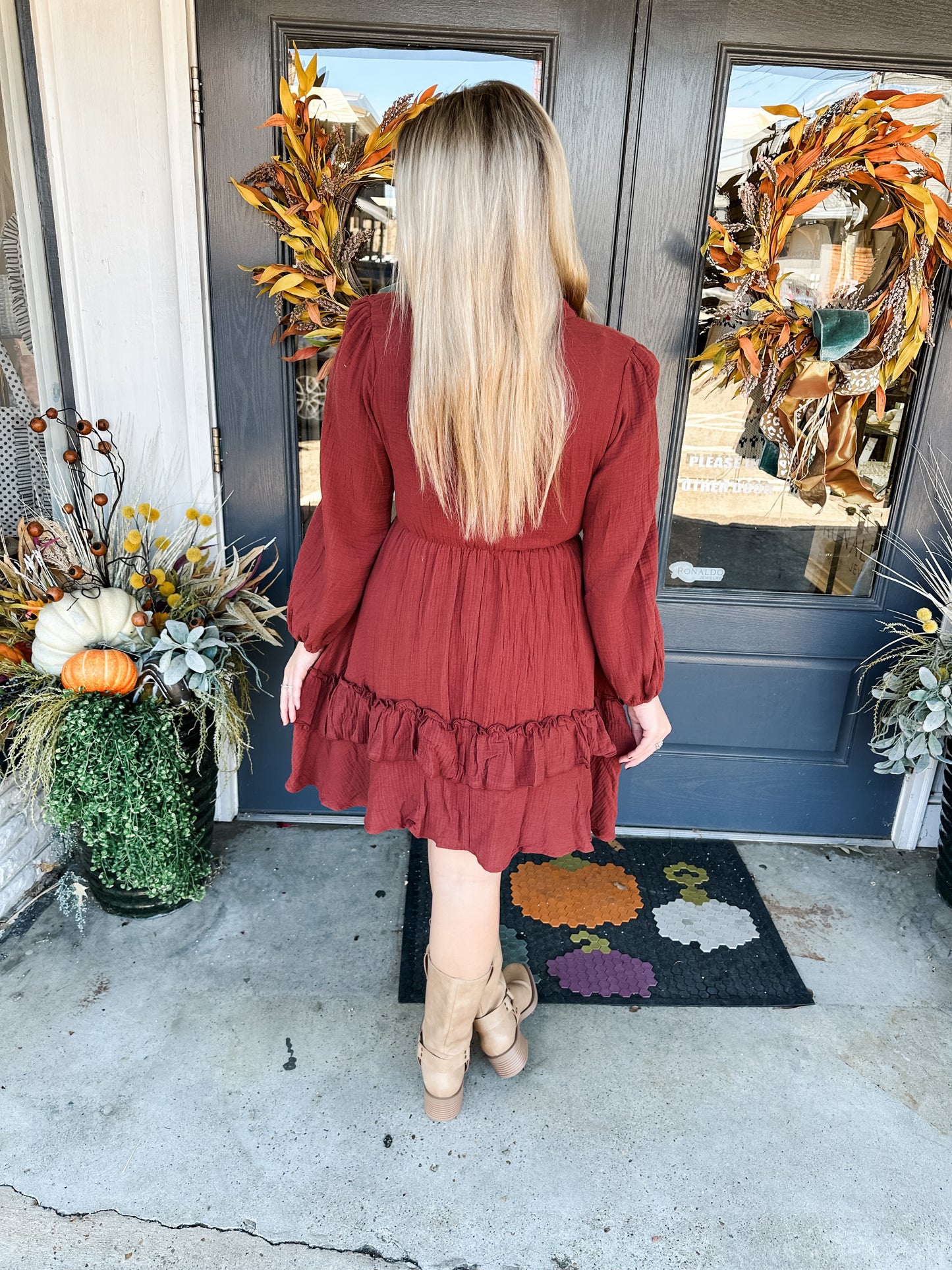 Sandra in Redwood Dress