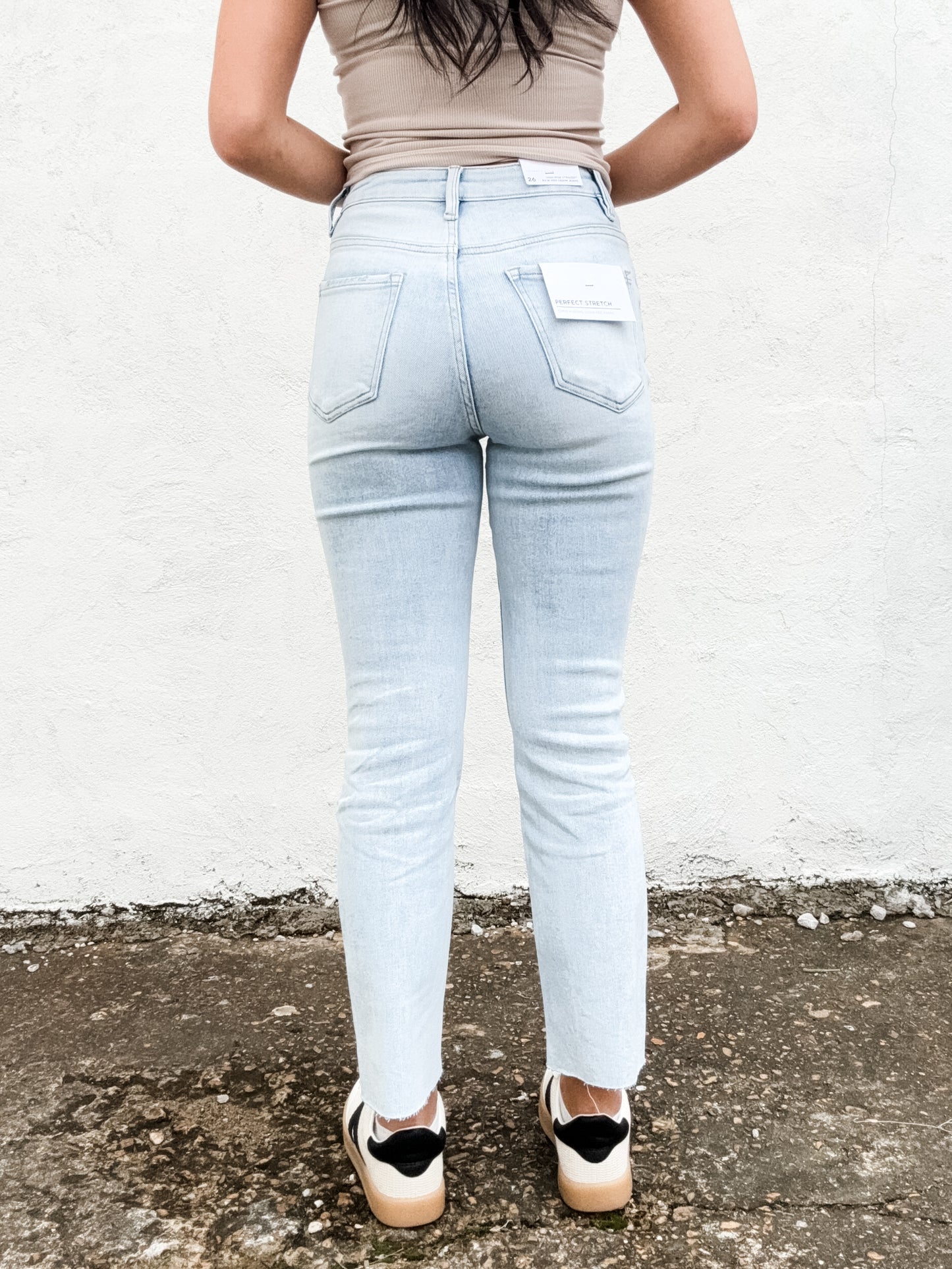 High Rise Straight Raw Hem Denim Jeans