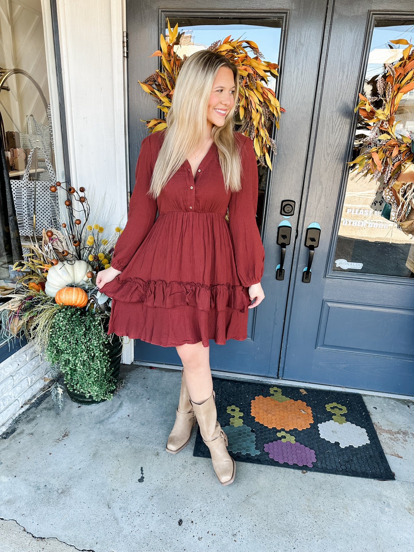 Sandra in Redwood Dress