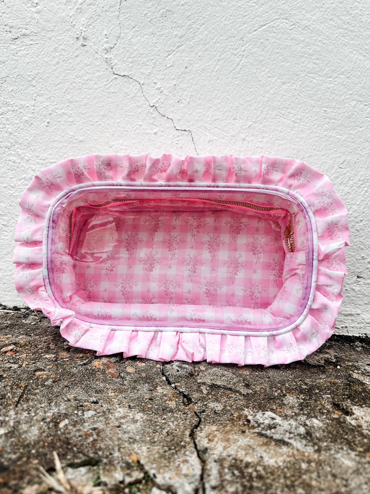 Ruffled Nylon Large Clear Pouch Pink