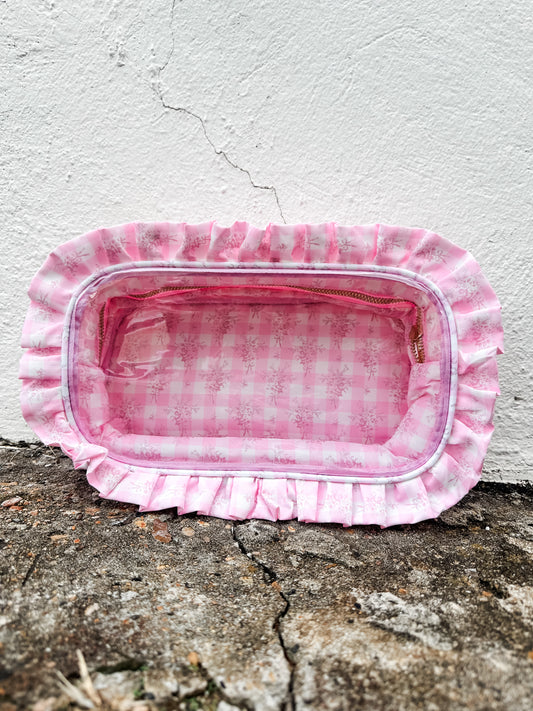 Ruffled Nylon Large Clear Pouch Pink