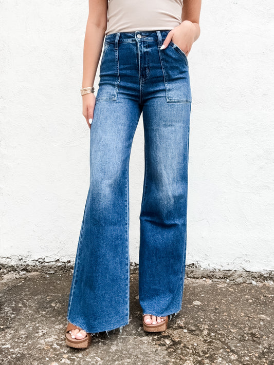 Utility Patch Pocket Wide Leg Denim Jeans Indigo