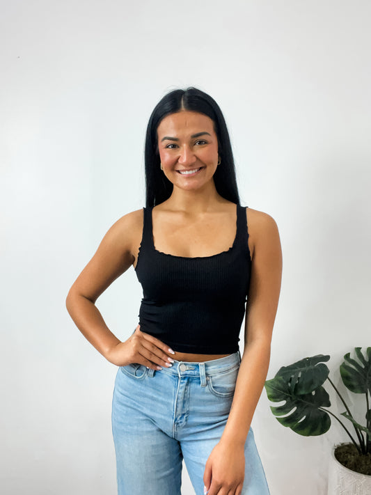 Lettuce Edge Crop Top Black
