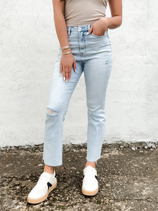High Rise Straight Raw Hem Denim Jeans