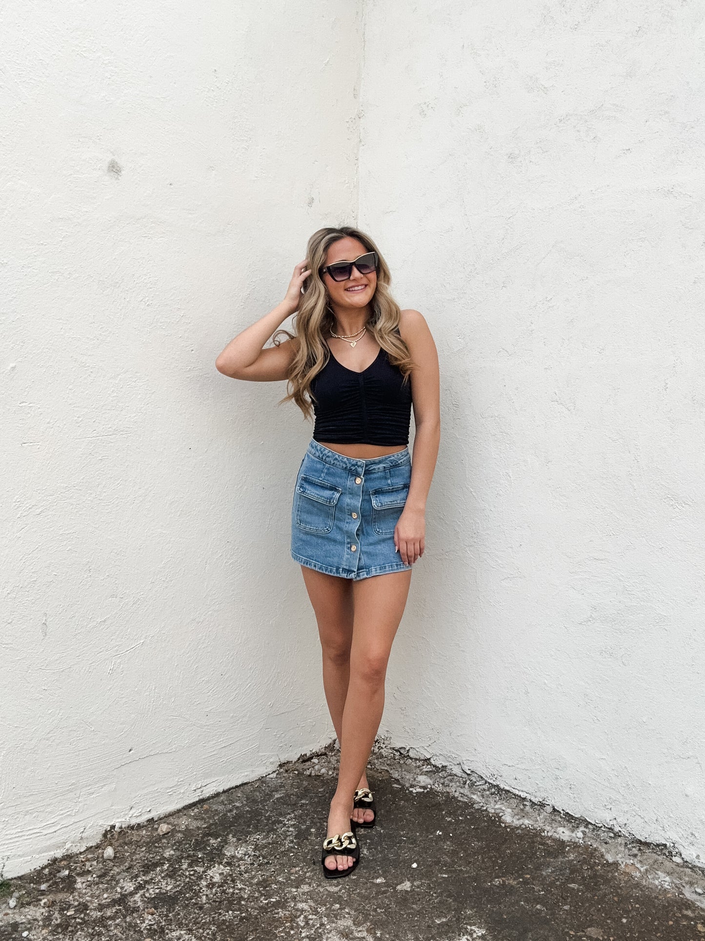V Neck  Shirred Top Black