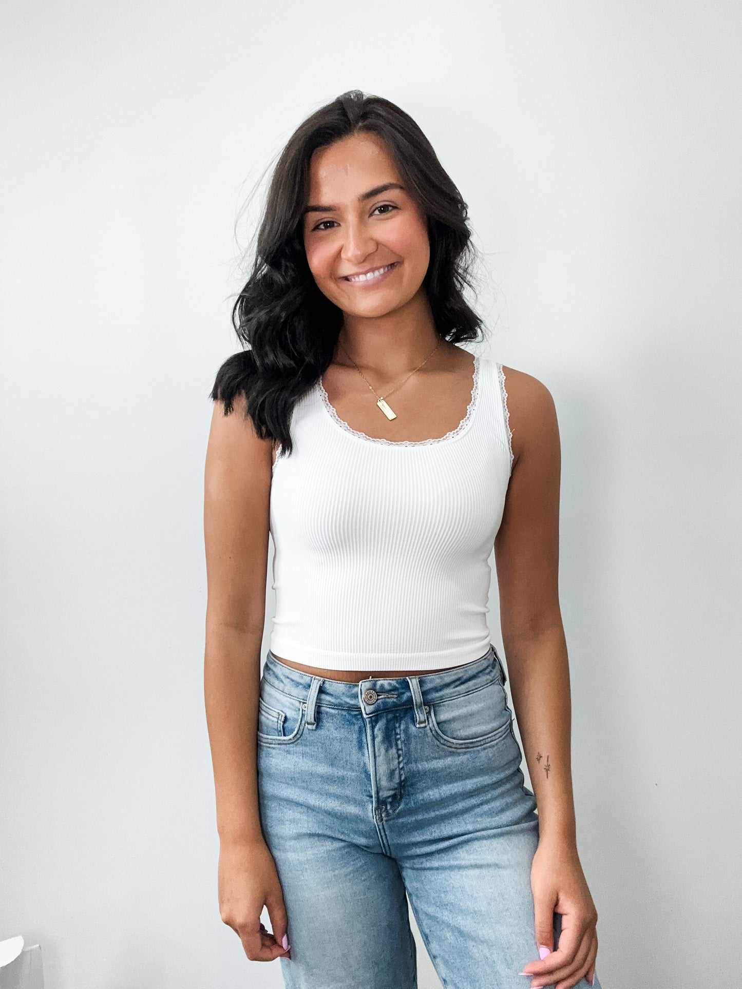 Lace Scoop Neck Tank Top White