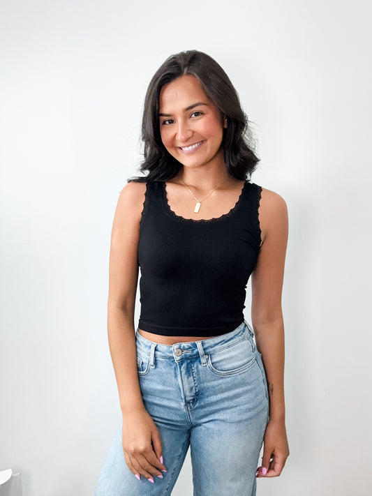 Lace Scoop Neck Tank Top Black