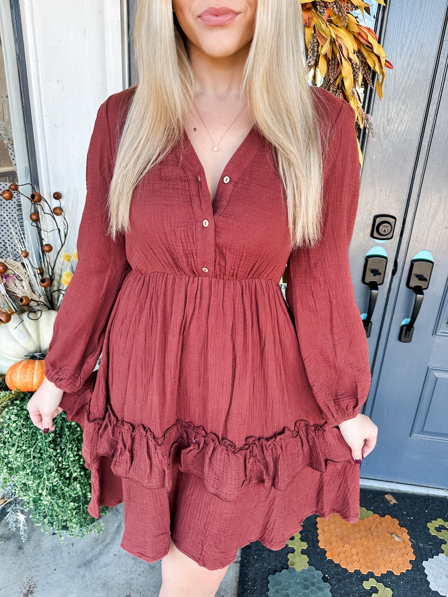 Sandra in Redwood Dress