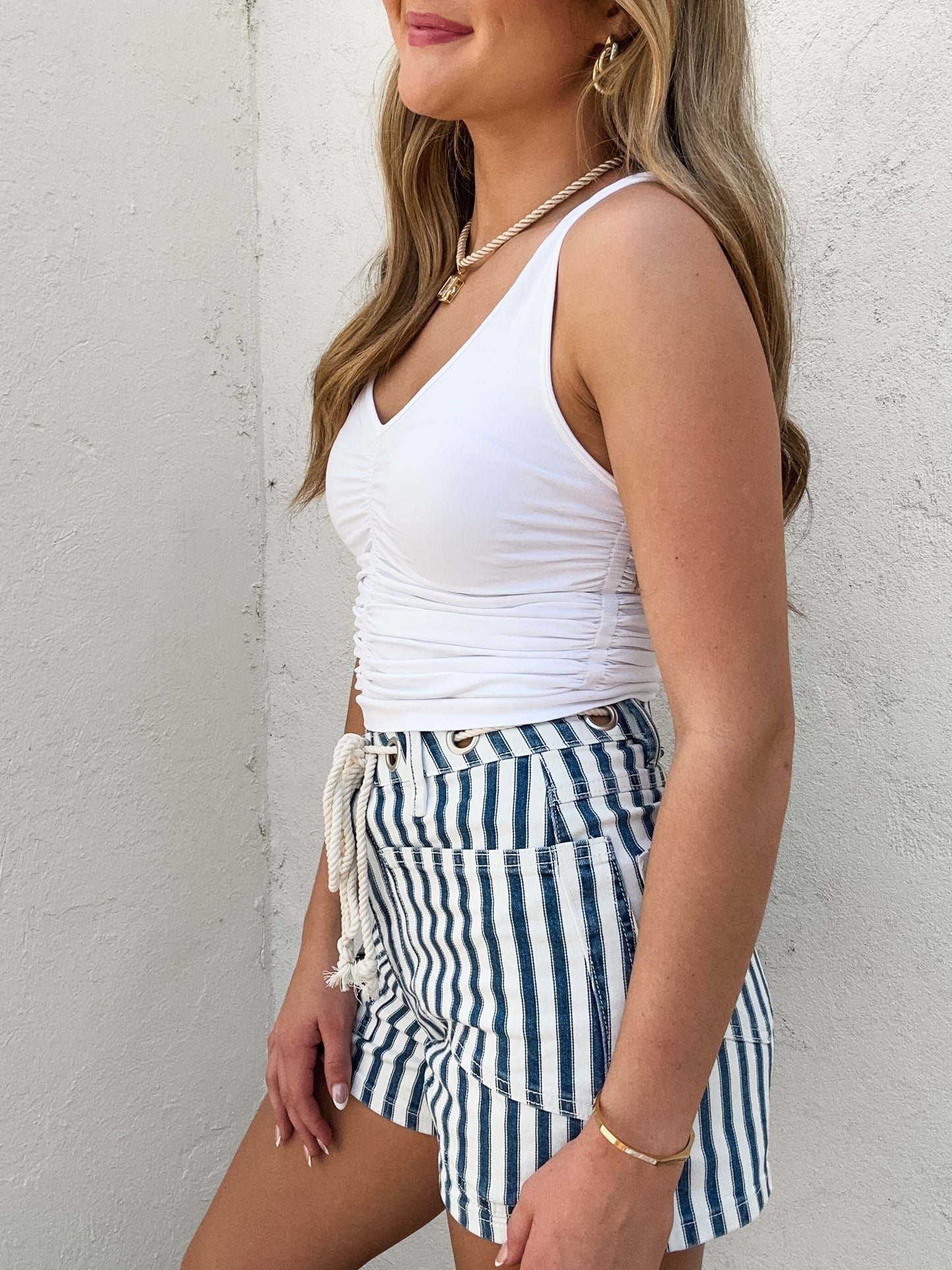 V Neck  Shirred Top White