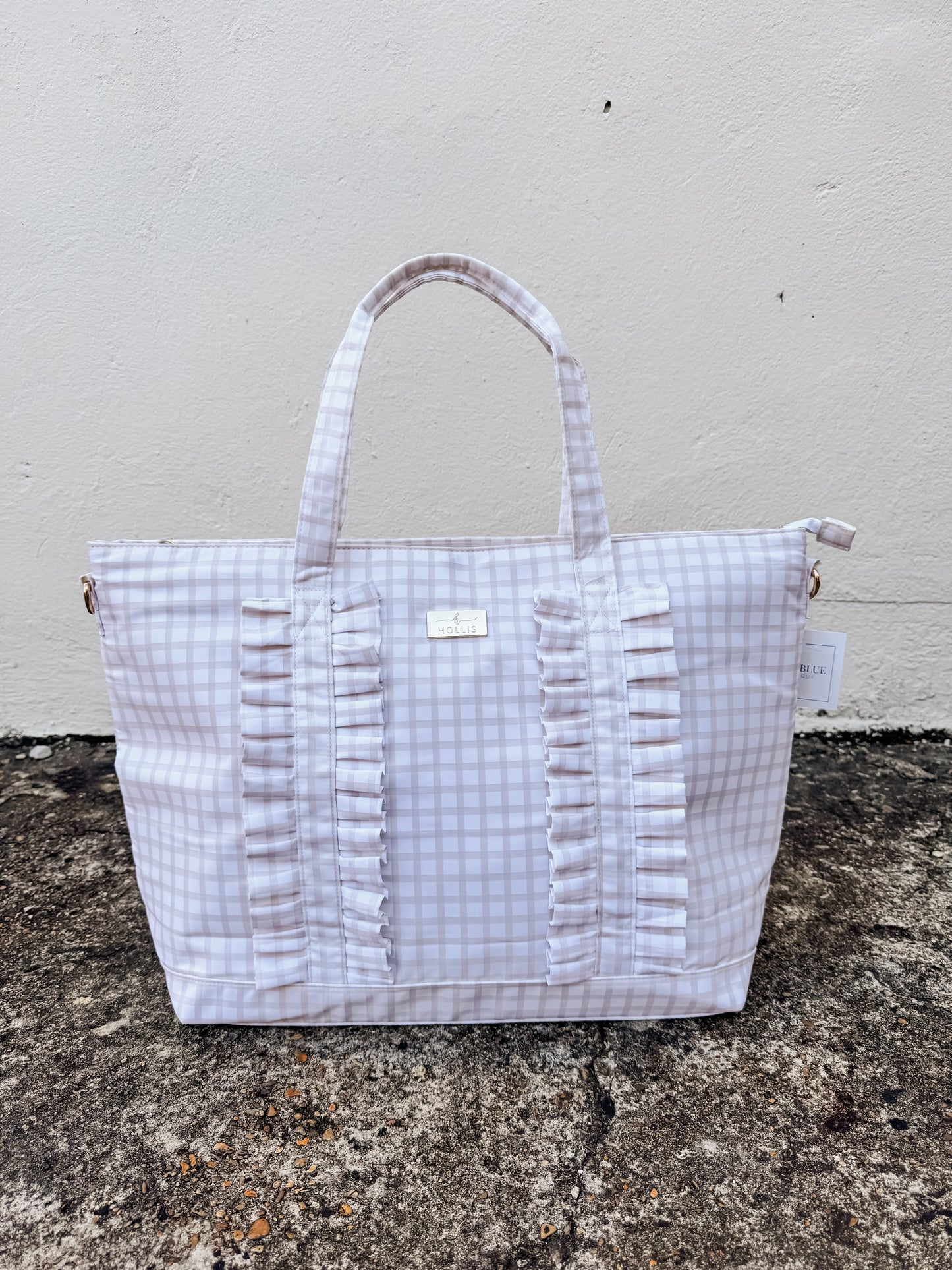 Ruffled Nylon Tote Bag Nude Plaid