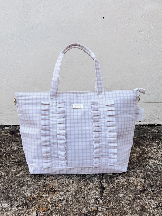 Ruffled Nylon Tote Bag Nude Plaid