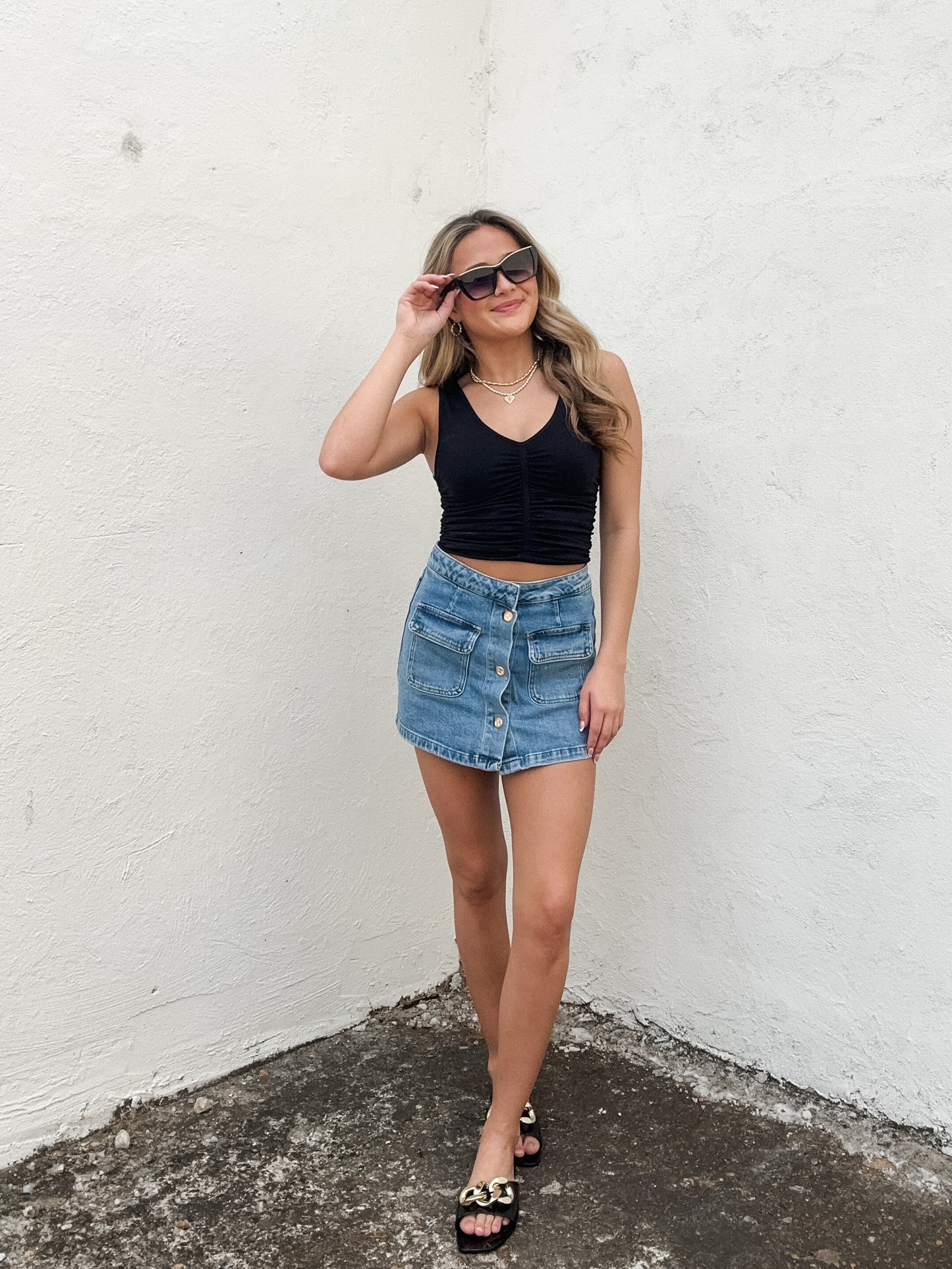 V Neck  Shirred Top Black